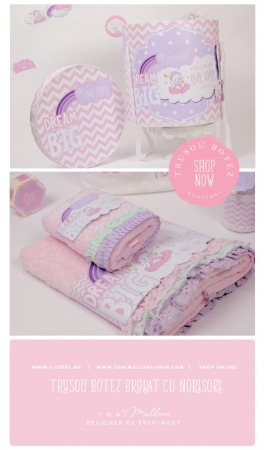 Trusou de botez personalizat si brodat cu norisori pufosi si ursuleti pentru fete, Dream big little girl 9